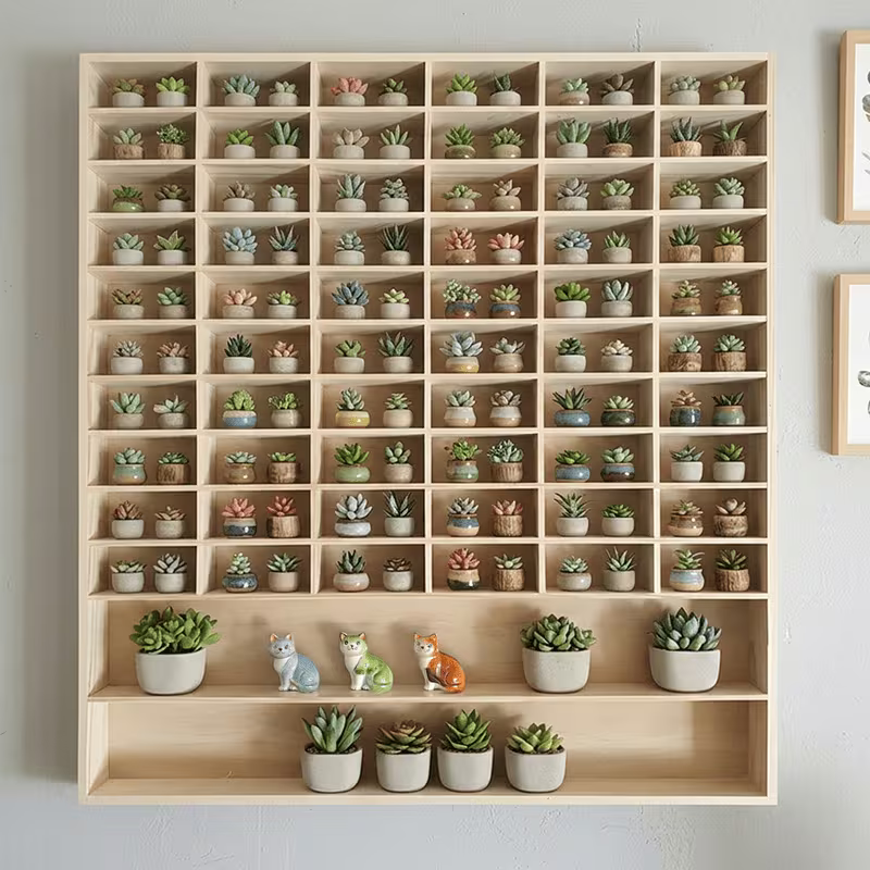 62-Compartment Wall-Mounted Wooden Display Shelf
