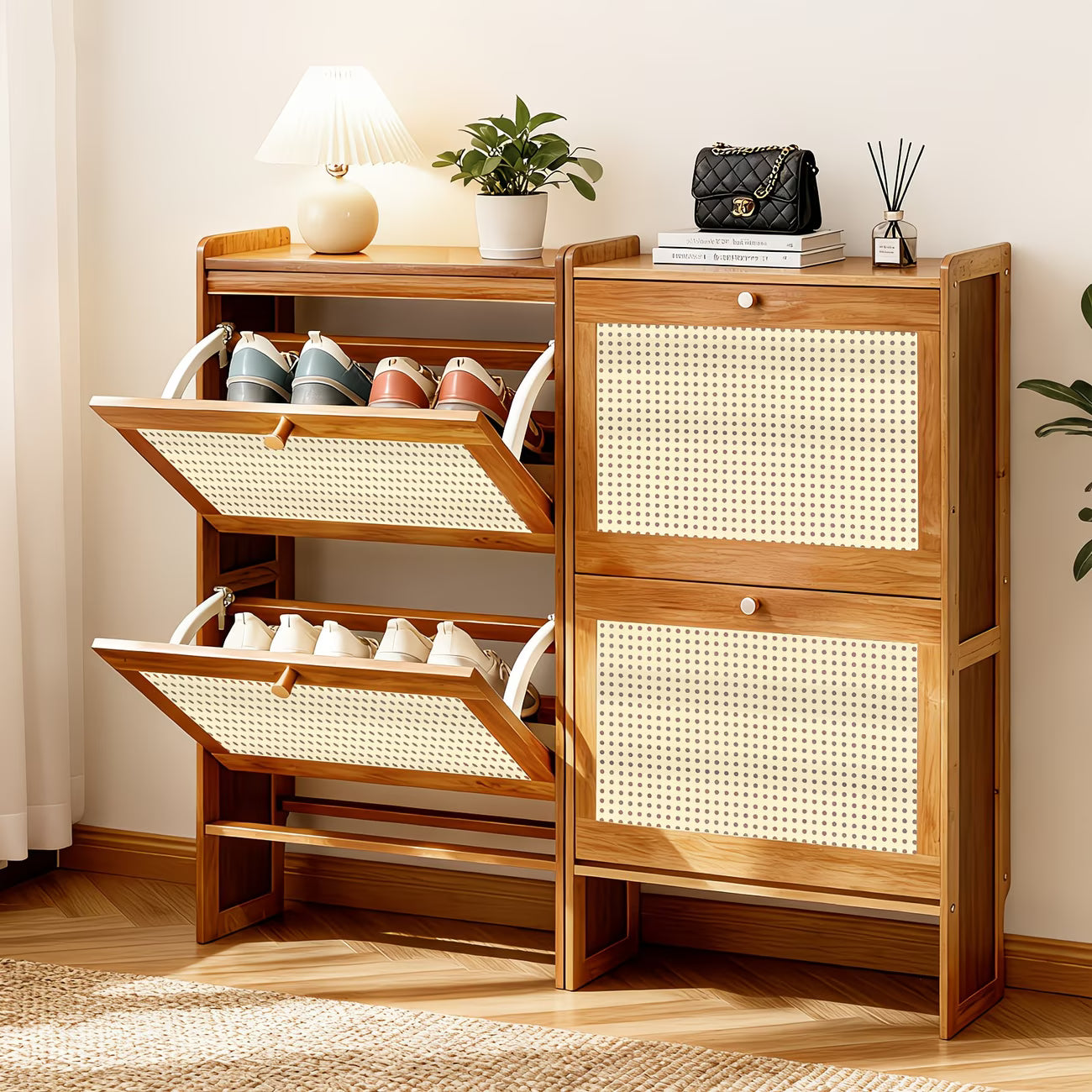 2-Door Rattan Shoe Cabinet with Flip Drawers