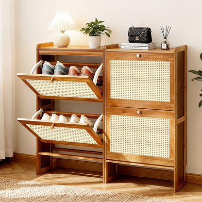 2-Door Rattan Shoe Cabinet with Flip Drawers