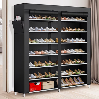 Double 7-Tier Shoe Rack with Roll-Up Dust Covers